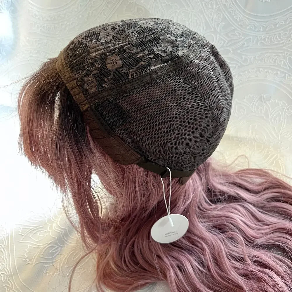 Long Wavy Rose Pink Dark Roots Ombre Balayage Everyday Cosplay Wig NEW